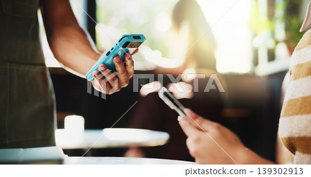 Hands, phone and waiter with machine at cafe, order or sale with customer experience at diner. People, server and tap with easy payment in coffee shop, fintech app and pos with bills at restaurant Hands, phone and waiter with machine at cafe, order or sale with customer experience at diner. People, server and tap with easy payment in coffee shop, fintech app and pos with bills at restaurant 139302913