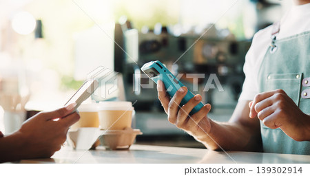 Cashier, hands and phone in coffee shop with POS machine, transaction and bill payment for purchase. People, customer service and tech in cafe with digital banking, hospitality and cashless transfer. Cashier, hands and phone in coffee shop with POS machine, transaction and bill payment for purchase. People, customer service and tech in cafe with digital banking, hospitality and cashless transfer. 139302914