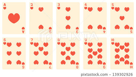 Vector illustrations of heart playing cards numbered 1 through 10. Vector illustrations of heart playing cards numbered 1 through 10. 139302926