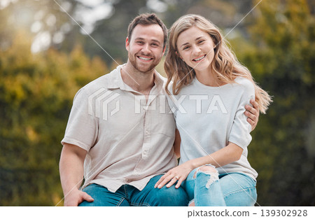 Happy couple, smile and hug with portrait in garden, backyard or outdoors with embrace for love. Man, woman and excitement on face for bond, care and support for romance, marriage or relationship Happy couple, smile and hug with portrait in garden, backyard or outdoors with embrace for love. Man, woman and excitement on face for bond, care and support for romance, marriage or relationship 139302928