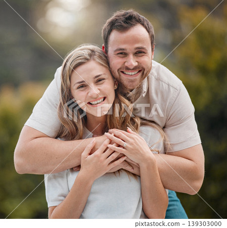Happy couple, hug and man with embrace with portrait in backyard, garden or outside for bonding. People, woman and husband with excitement for memory, nostalgia and together for care of relationship 139303000