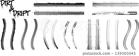 Collection of grunge tire tracks. Vector set of dirty wheel prints, car drift marks and muddy road paths isolated on white background 139303043