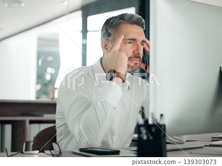 Call center, confused man and stress at computer for customer account problem, 404 error or telecom glitch in office. Headache, tired and mature telemarketing agent thinking of online challenge at pc Call center, confused man and stress at computer for customer account problem, 404 error or telecom glitch in office. Headache, tired and mature telemarketing agent thinking of online challenge at pc 139303073