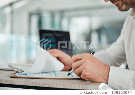 Budget, planning and hands of businessman with finance, audit and accounting in office with laptop or pen. Accountant, check or balance investment paper, document or tax report on desk in clipboard Budget, planning and hands of businessman with finance, audit and accounting in office with laptop or pen. Accountant, check or balance investment paper, document or tax report on desk in clipboard 139303074