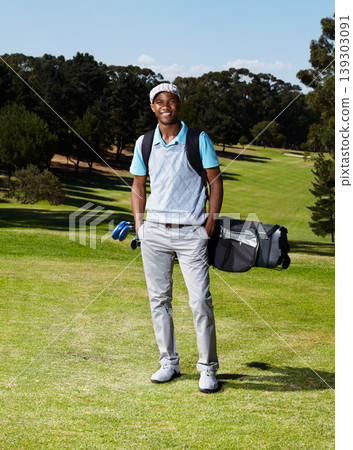 Smile, sports and portrait of male golfer with positive, good and confident attitude on field. Happy, fitness and African man athlete with equipment on an outdoor course for tournament or competition Smile, sports and portrait of male golfer with positive, good and confident attitude on field. Happy, fitness and African man athlete with equipment on an outdoor course for tournament or competition 139303091