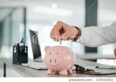 Hand, businessman and coin in piggy bank, deposit and saving for finance, investment and security. Change, money box and cash growth, container and profit for retirement, banking and safety in future Hand, businessman and coin in piggy bank, deposit and saving for finance, investment and security. Change, money box and cash growth, container and profit for retirement, banking and safety in future 139303092