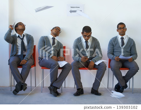 Bored, man and waiting room for interview in office for job, recruitment and sitting with fatigue or resume. Paper, plane and composite of onboarding process with person playing in human resources Bored, man and waiting room for interview in office for job, recruitment and sitting with fatigue or resume. Paper, plane and composite of onboarding process with person playing in human resources 139303102