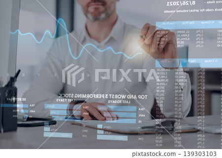 Overlay statistics, stock market or business man writing, accounting or trading graph, finance exchange stats or data analysis. Corporate broker, investor or trader research crypto investment numbers Overlay statistics, stock market or business man writing, accounting or trading graph, finance exchange stats or data analysis. Corporate broker, investor or trader research crypto investment numbers 139303103