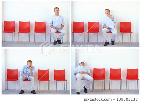 Boring, interview and man in waiting room for a job and collage with candidate excited, tired and sleeping. Hiring, process and person with fatigue, composite and frustrated by recruitment delay Boring, interview and man in waiting room for a job and collage with candidate excited, tired and sleeping. Hiring, process and person with fatigue, composite and frustrated by recruitment delay 139303138