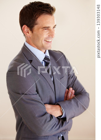 Business man, arms crossed and happy in studio for thinking, vision and ideas with suit by white background. Entrepreneur, financial advisor or accountant with corporate clothes, smile and fashion Business man, arms crossed and happy in studio for thinking, vision and ideas with suit by white background. Entrepreneur, financial advisor or accountant with corporate clothes, smile and fashion 139303148