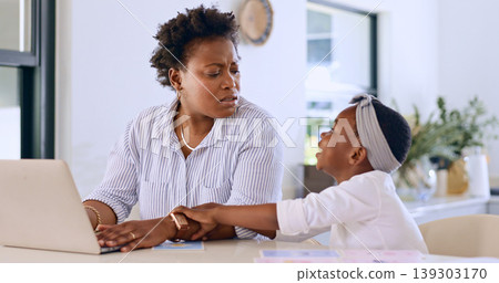 Child, mother or distraction of remote work on laptop, questions or curiosity by kid energy in home. Woman, upset or active daughter for attention by busy mama, job anxiety or mental health in house Child, mother or distraction of remote work on laptop, questions or curiosity by kid energy in home. Woman, upset or active daughter for attention by busy mama, job anxiety or mental health in house 139303170