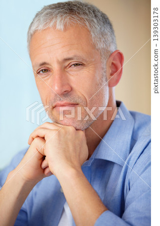 Senior man, portrait and thinking in confidence, wisdom or decision for ambition at home. Face of thoughtful mature male person or model posing with hands on chin in wonder, choice or idea at house Senior man, portrait and thinking in confidence, wisdom or decision for ambition at home. Face of thoughtful mature male person or model posing with hands on chin in wonder, choice or idea at house 139303178