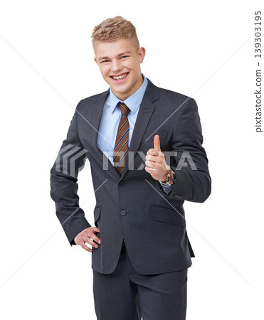 Thumbs up, portrait and business man in studio for success, winning deal and voting yes on white background. Happy corporate salesman, emoji sign and thank you for feedback, achievement or excellence Thumbs up, portrait and business man in studio for success, winning deal and voting yes on white background. Happy corporate salesman, emoji sign and thank you for feedback, achievement or excellence 139303195
