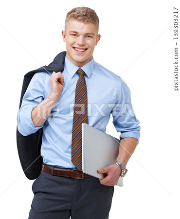 Young, businessman and portrait with laptop or smile for research, communication or networking in studio. Entrepreneur, person and face with happy or confidence for internship on white background Young, businessman and portrait with laptop or smile for research, communication or networking in studio. Entrepreneur, person and face with happy or confidence for internship on white background 139303217