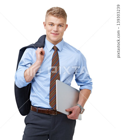 Young, businessman and portrait with laptop or happy for research, communication or networking in studio. Entrepreneur, person and face with smile or confidence for internship on white background Young, businessman and portrait with laptop or happy for research, communication or networking in studio. Entrepreneur, person and face with smile or confidence for internship on white background 139303239