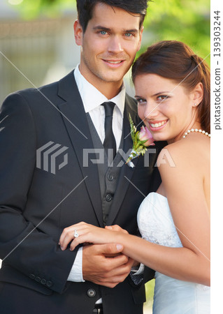 Wedding, portrait and bride and groom hug with love, celebration or union, romance or outdoor garden ceremony. Commitment, marriage and face of couple with support, trust and security or life event Wedding, portrait and bride and groom hug with love, celebration or union, romance or outdoor garden ceremony. Commitment, marriage and face of couple with support, trust and security or life event 139303244