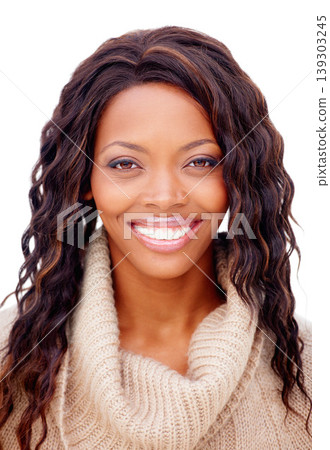 Black woman, portrait or smile in studio with fashion, casual style and confidence on white background. African person, face or happy for pride, natural beauty and positive mindset or calm expression Black woman, portrait or smile in studio with fashion, casual style and confidence on white background. African person, face or happy for pride, natural beauty and positive mindset or calm expression 139303245