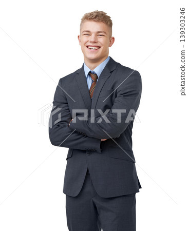 Young, businessman and portrait with arms crossed or happy in studio for startup, career and confidence. Entrepreneur, person or smile and pride or positive mindset for internship on white background Young, businessman and portrait with arms crossed or happy in studio for startup, career and confidence. Entrepreneur, person or smile and pride or positive mindset for internship on white background 139303246