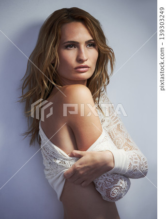 Skin, lingerie and sexy woman in studio with confidence, art aesthetic and luxury fashion. Natural cosmetics, wellness and skincare model with self care, beauty and feminine pride on white background Skin, lingerie and sexy woman in studio with confidence, art aesthetic and luxury fashion. Natural cosmetics, wellness and skincare model with self care, beauty and feminine pride on white background 139303249