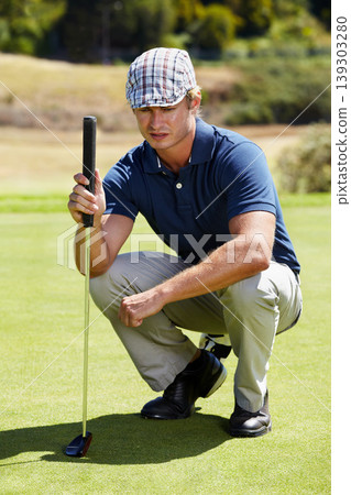 Sports, thinking and man on golf course with club for playing game, practice and training for competition. Professional golfer, grass and person focus with golfing driver for winning stroke or score Sports, thinking and man on golf course with club for playing game, practice and training for competition. Professional golfer, grass and person focus with golfing driver for winning stroke or score 139303280