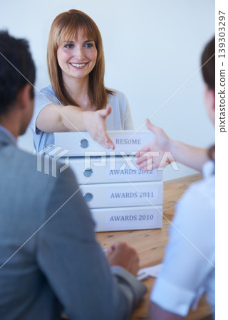 Business, people, woman and handshake with job interview, recruitment and achievement in a workplace. Staff, employers and consultant with human resources, shaking hands and corporate with success Business, people, woman and handshake with job interview, recruitment and achievement in a workplace. Staff, employers and consultant with human resources, shaking hands and corporate with success 139303297