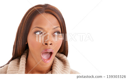 Wow, gossip and black woman with surprise, announcement and news isolated on white studio background. African person, girl or model with emoji, shock or reaction with mockup space, omg and expression 139303326