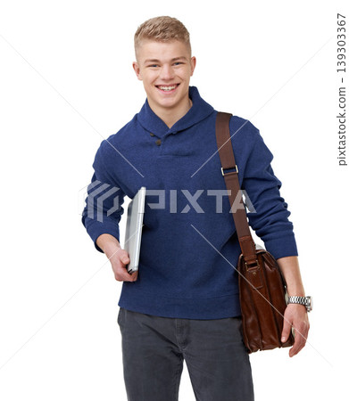Happy, textbooks and portrait of student in studio with briefcase and positive attitude for studying. Smile, education and young male person with university or college information by white background 139303367