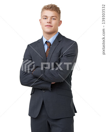 Young, businessman and portrait with arms crossed or smile in studio for startup, career and confidence. Entrepreneur, person or happy and pride or positive mindset for internship on white background Young, businessman and portrait with arms crossed or smile in studio for startup, career and confidence. Entrepreneur, person or happy and pride or positive mindset for internship on white background 139303532