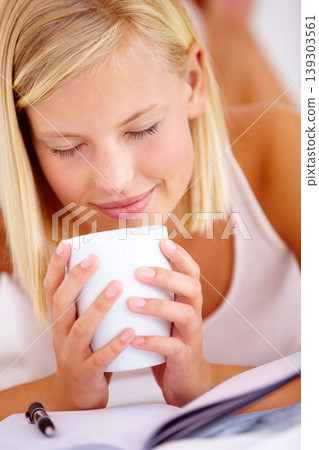 Home, relax and smelling with woman, coffee and notebook with weekend break, natural aroma and fresh. Morning, apartment and human with tea, feeling calm and relax with peace gratitude and happiness 139303561