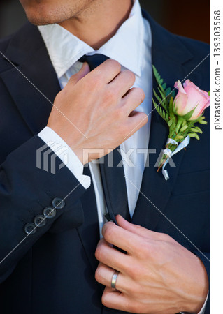 Man, groom and closeup of fashion, formal and elegant suit or stylish for wedding, commitment or care. Male person, zoom and ready for ceremony, marriage and commitment in relationship or event Man, groom and closeup of fashion, formal and elegant suit or stylish for wedding, commitment or care. Male person, zoom and ready for ceremony, marriage and commitment in relationship or event 139303568