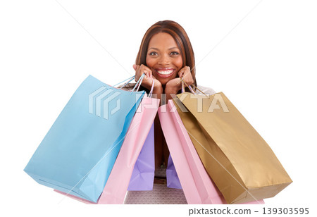 African woman, shopping bag and excited in portrait with smile for deal, discount or retail by white background. Girl, luxury customer experience and happy with gift, present and sales from boutique 139303595