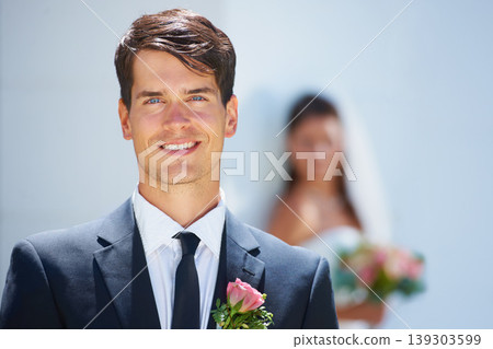 Man, groom and smile in portrait, happy and commitment for marriage, positive and elegant. Male person, face and outside wedding, love and romance for relationship, husband and joy for outdoor event Man, groom and smile in portrait, happy and commitment for marriage, positive and elegant. Male person, face and outside wedding, love and romance for relationship, husband and joy for outdoor event 139303599