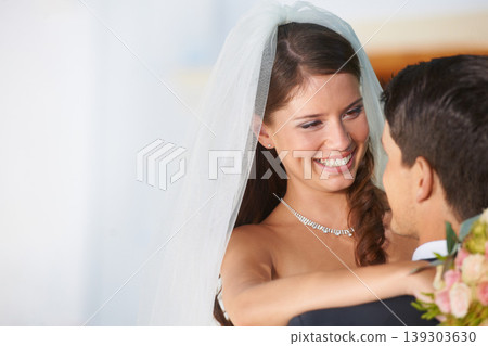 Smile, bride and groom hugging at wedding with mockup, love and commitment at reception. Romance, face of woman and man in embrace at marriage celebration with happiness, loyalty and future together. Smile, bride and groom hugging at wedding with mockup, love and commitment at reception. Romance, face of woman and man in embrace at marriage celebration with happiness, loyalty and future together. 139303630