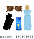 Illustration of a folding parasol, sunscreen, sunglasses, and arm covers. 139303644
