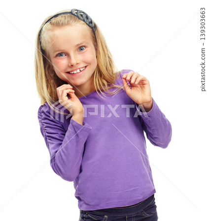 Girl, child and portrait in studio or happy, confidence and excited with fashion and casual style or outfit. Person, face and kid with smile, hands or cheerful on white background or mock up space Girl, child and portrait in studio or happy, confidence and excited with fashion and casual style or outfit. Person, face and kid with smile, hands or cheerful on white background or mock up space 139303663