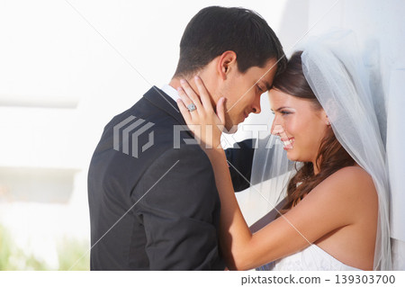 Wedding, hug and bride with groom outdoor for love, care and excited for life event, union or trust. Love, happy and couple outside for marriage ceremony with support, security and excited for future 139303700