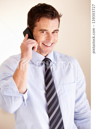 Phone call, portrait and happy business man consulting, discussion and talking with corporate company contact. Communication, cellphone and professional sales agent negotiation, conversation or chat Phone call, portrait and happy business man consulting, discussion and talking with corporate company contact. Communication, cellphone and professional sales agent negotiation, conversation or chat 139303727
