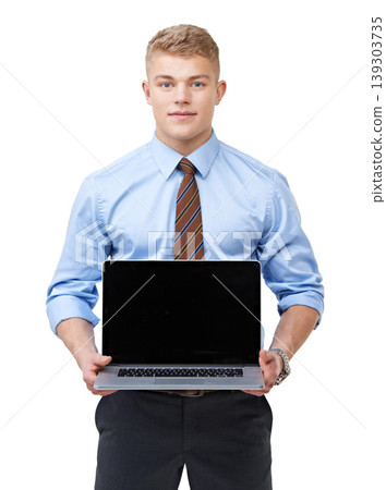 Portrait, business man and laptop screen in studio for presentation, information and promotion coming soon. Computer, mockup space and corporate ambassador advertising email offer on white background Portrait, business man and laptop screen in studio for presentation, information and promotion coming soon. Computer, mockup space and corporate ambassador advertising email offer on white background 139303735