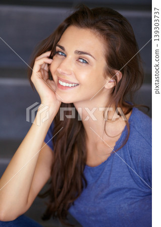 Portrait, woman and fashionl with a smile, relax and casual outfit with glow, beautiful lady and peaceful. Face, person and girl with happiness, pose and long hair with a break, clothes and trendy Portrait, woman and fashionl with a smile, relax and casual outfit with glow, beautiful lady and peaceful. Face, person and girl with happiness, pose and long hair with a break, clothes and trendy 139303737