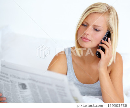 Phone call, newspaper and woman with reading, connection and internet with communication, home and information. Person, apartment and girl with a smartphone, contact and bedroom with conversation 139303786