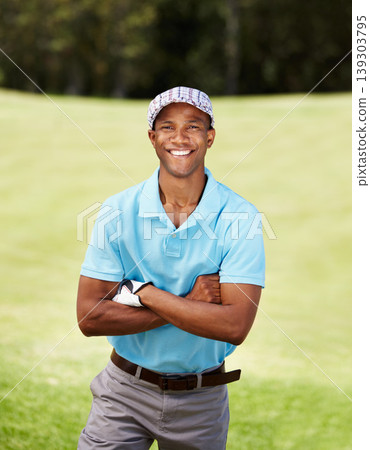 Happy, sports and portrait of man golfer with positive, good and confident attitude on field. Smile, fitness and African male athlete or player on an outdoor course for tournament or competition Happy, sports and portrait of man golfer with positive, good and confident attitude on field. Smile, fitness and African male athlete or player on an outdoor course for tournament or competition 139303795