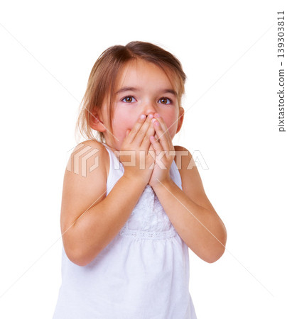 Face, wow and surprise with a girl child in studio isolated on a white background for omg expression. Children, hands and emoji with an adorable little kid looking shocked by a news alert or gossip Face, wow and surprise with a girl child in studio isolated on a white background for omg expression. Children, hands and emoji with an adorable little kid looking shocked by a news alert or gossip 139303811