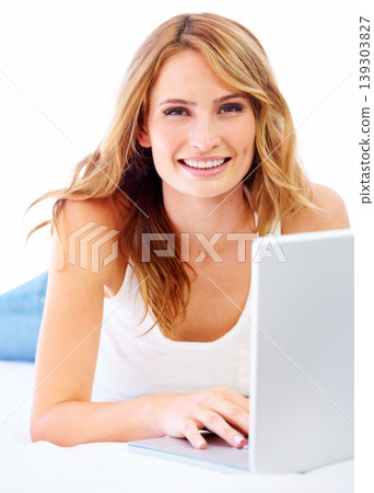 Woman, laptop and portrait in studio typing for online connection, floor on white background. Female person, model and face for mockup space for digital learning or social media blog, research on web 139303827