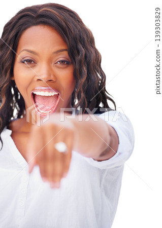 Woman, hands and excited for engagement ring in studio for diamond, proposal and surprised or wow. Black person, face and happy with good news, commitment and love for jewelry on white background 139303829