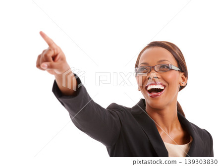 Business, pointing and black woman with promotion, opportunity and employee isolated on white studio background. African person, worker or consultant with hand gesture, decision and choice with smile Business, pointing and black woman with promotion, opportunity and employee isolated on white studio background. African person, worker or consultant with hand gesture, decision and choice with smile 139303830