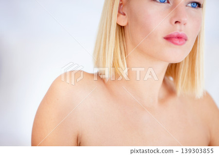 Girl, skincare and beauty in studio, thinking or vision in wellness, health or glow by white background. Person, model and cosmetic for change, results or transformation for decision, choice and idea Girl, skincare and beauty in studio, thinking or vision in wellness, health or glow by white background. Person, model and cosmetic for change, results or transformation for decision, choice and idea 139303855