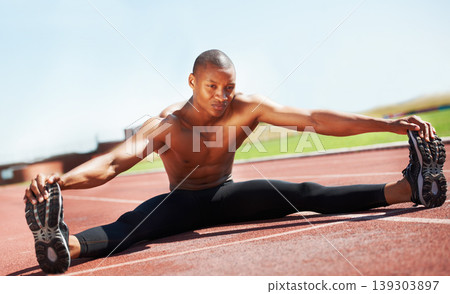 Man, athlete and stretching legs on floor, outdoors and fitness for health, sports and performance. Black male person, ready and warmup on track, workout and commitment in training, start and cardio 139303897