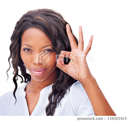 African woman, ok sign and studio portrait for vote, decision and icon for review by white background. Girl, hand and emoji for yes, voice and feedback for opinion, face and symbol with success African woman, ok sign and studio portrait for vote, decision and icon for review by white background. Girl, hand and emoji for yes, voice and feedback for opinion, face and symbol with success 139303925