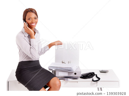 Business woman, phone call and folder for office administration, planning and communication in studio. Portrait of secretary or worker talking on mobile and documents management on a white background Business woman, phone call and folder for office administration, planning and communication in studio. Portrait of secretary or worker talking on mobile and documents management on a white background 139303928
