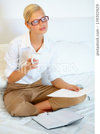 Remote work from home, thinking and woman with documents, planning and problem solving. Person, bedroom and entrepreneur with paperwork, solutions and freelancer with ideas, copywriting and coffee 139303929